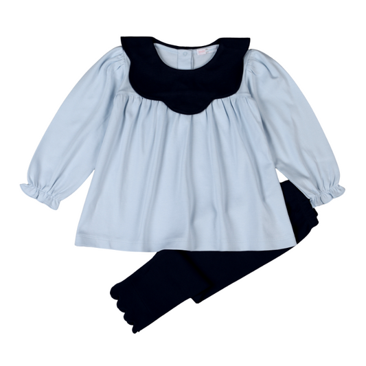 EMI-220 Emily Blue Pima  scalop collar top set