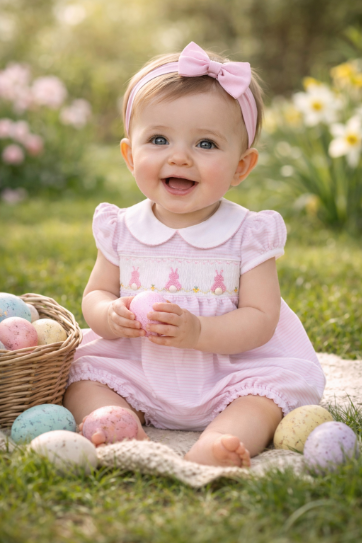 PBB-330 Pink hand smocked bunnies bubble