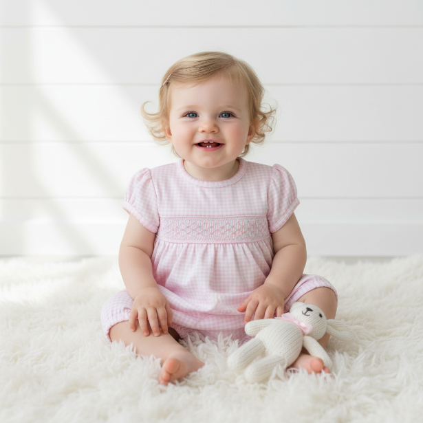 PGG-130 Pink gingham classic Pima Hand Smocked Bubble