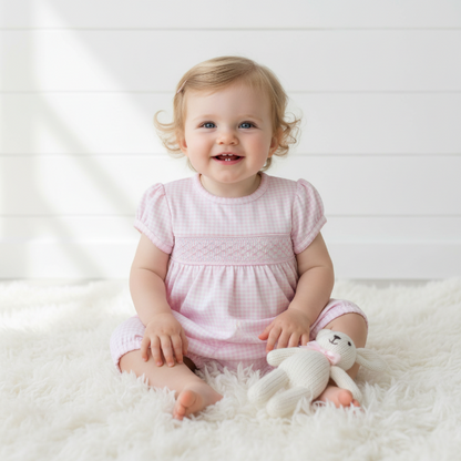 PGG-130 Pink gingham classic Pima Hand Smocked Bubble