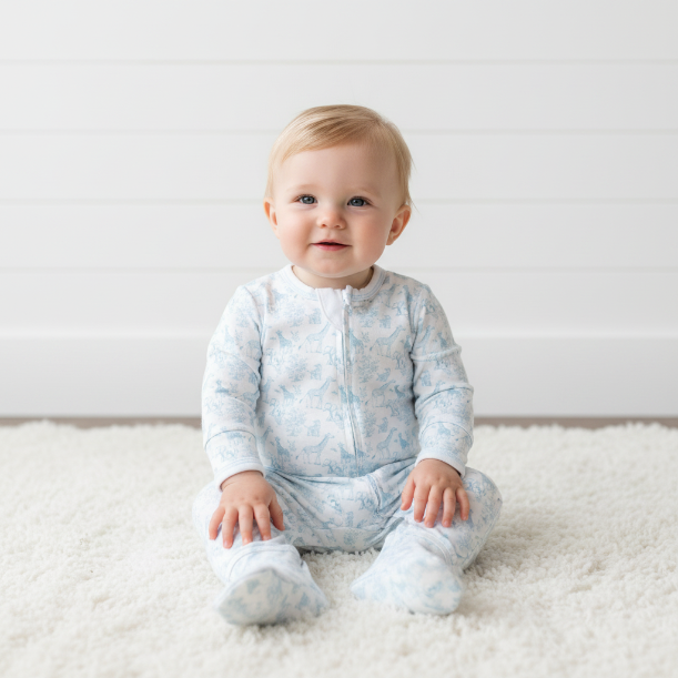 BSF-014 Blue Baby Safari Pima Zipper Footie